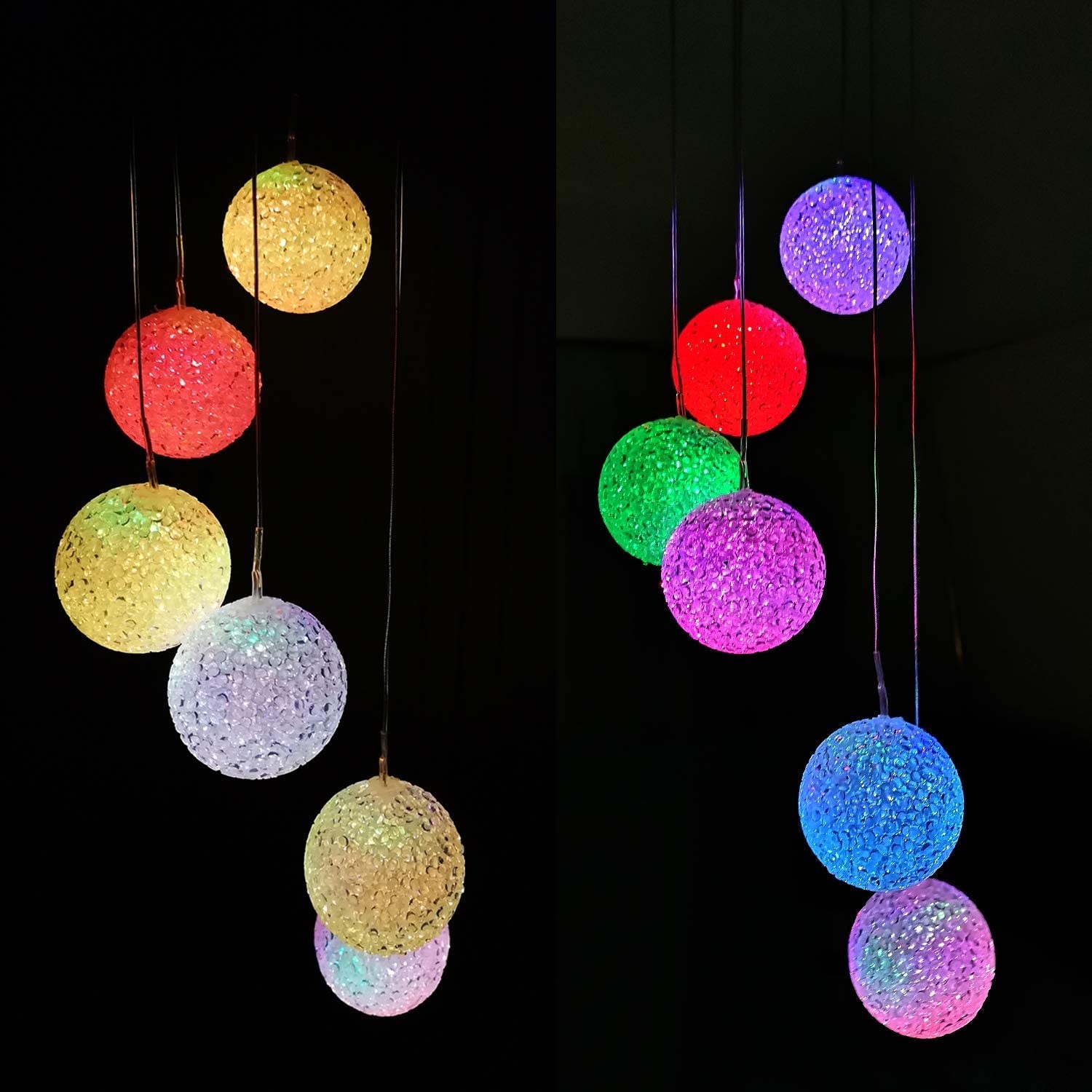The wind chimes at night glowing in different colors