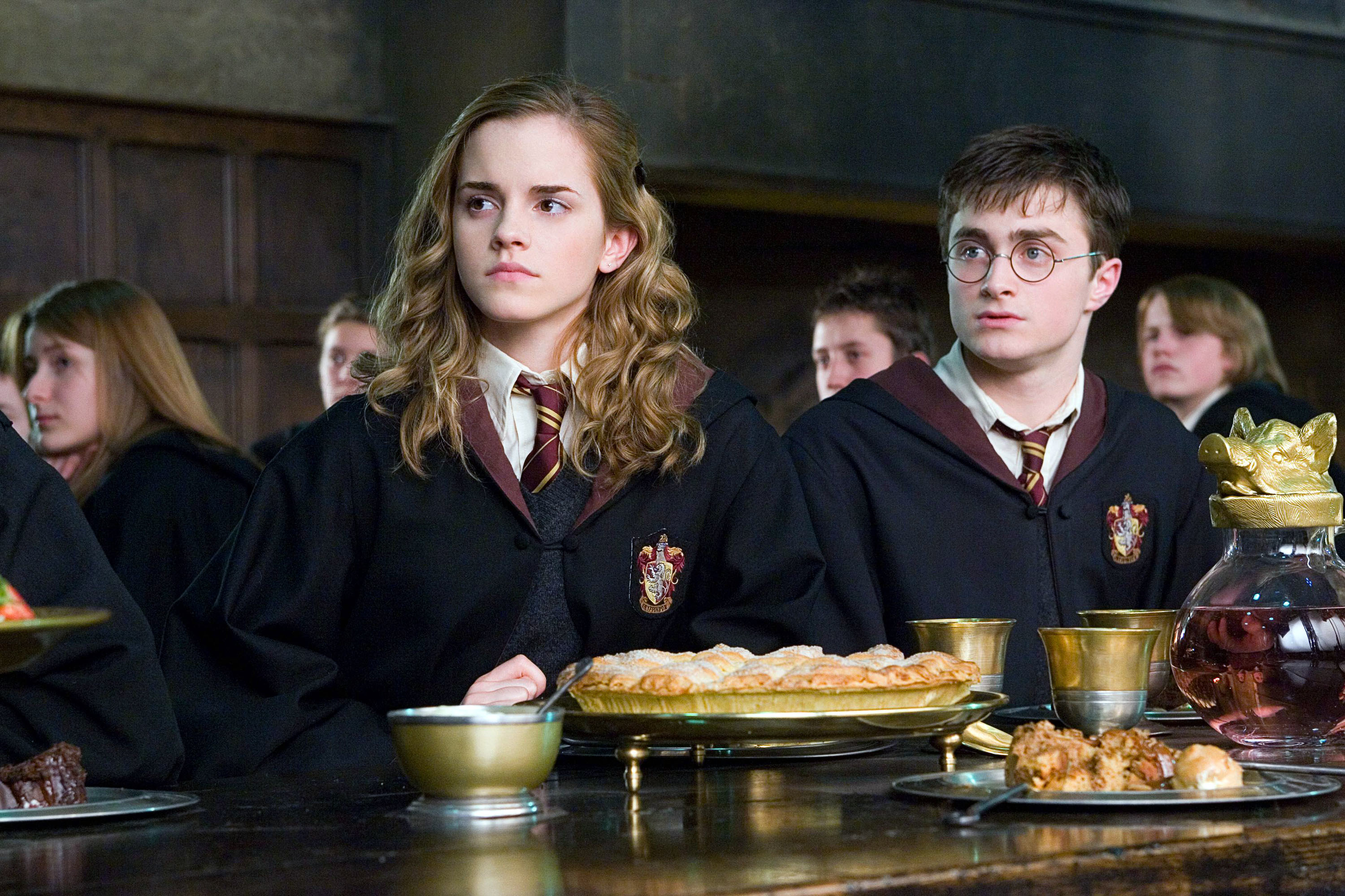 Hermione and Harry sit in the great hall of Hogwarts in the order of the phoenix