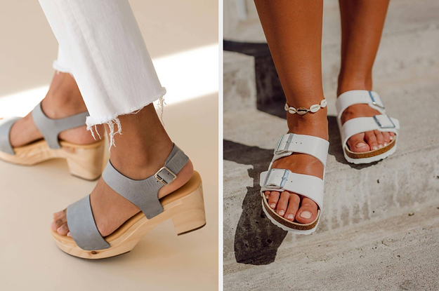 to the left: a model in gray chunky heels, to the right: a model in white birkenstocks