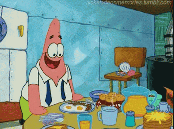 Patrick Star funneling a table of breakfast food into his mouth