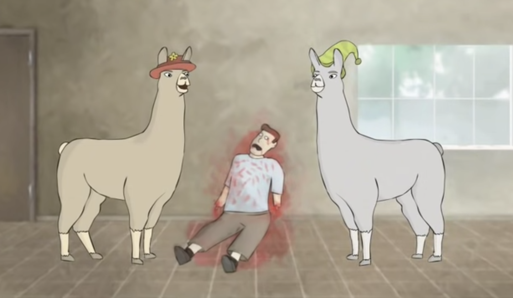 Carl and the other llama with hats on next to the dead guy