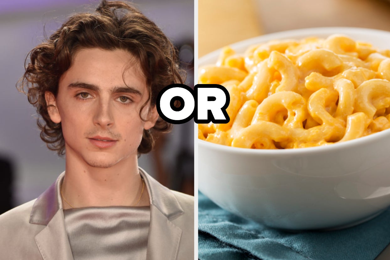 Timothee Chalamet and mac 'n' cheese with the word