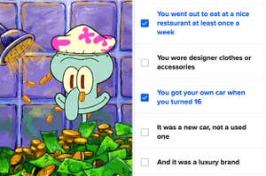 A snippet of the quiz asking questions like did you have your own car when your turned 16 along with a screenshot of Squidward taking a shower in money