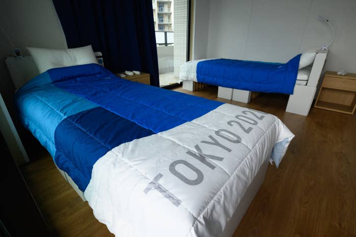 Cardboard beds with Tokyo 2021 comforters