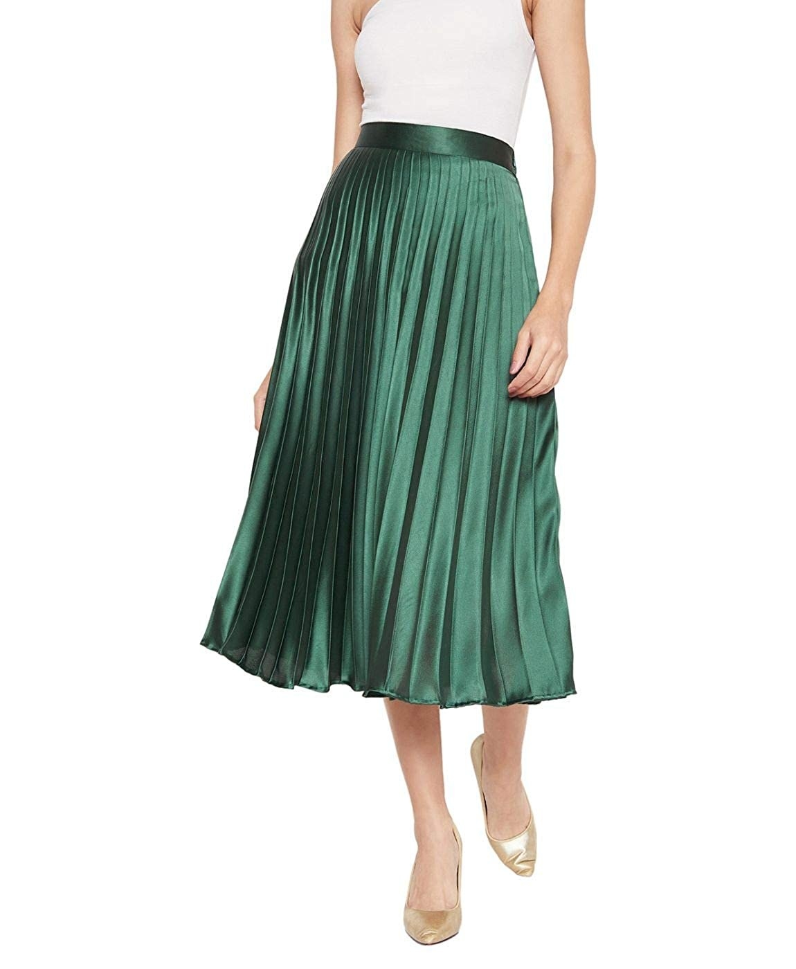 Woman wearing a green metallic midi skirt