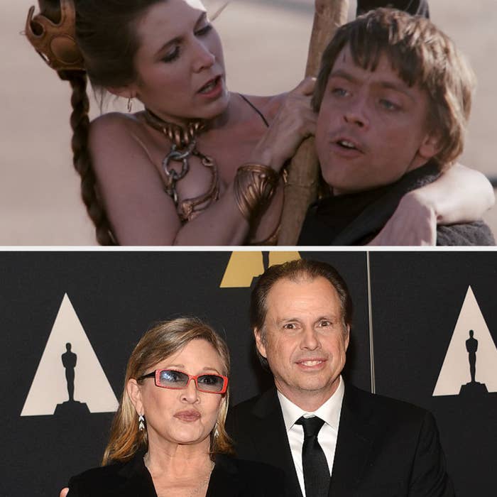 Luke Skywalker rescuing Princess Leia above. Carrie Fisher with her brother at the Oscars below