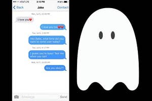 A text message conversation with a cartoon ghost next to it.
