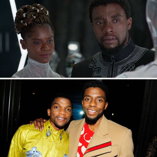 Above, T&#x27;Challa and Shuri are looking at new Black Panther suits. Below, Chadwick and Kevin are posing for a photo