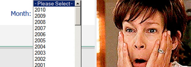 scrolling down to find your birth year and a reaction image of jamie lee curtis in freaky friday touching her face and saying