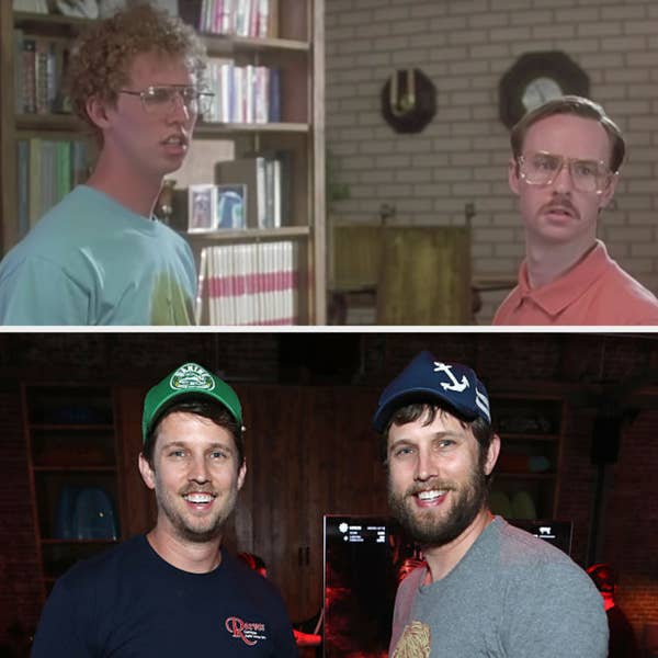 Above, Napoleon and Kip are fighting in their house. Below, Jon Heder stands with his twin at an Xbox game event