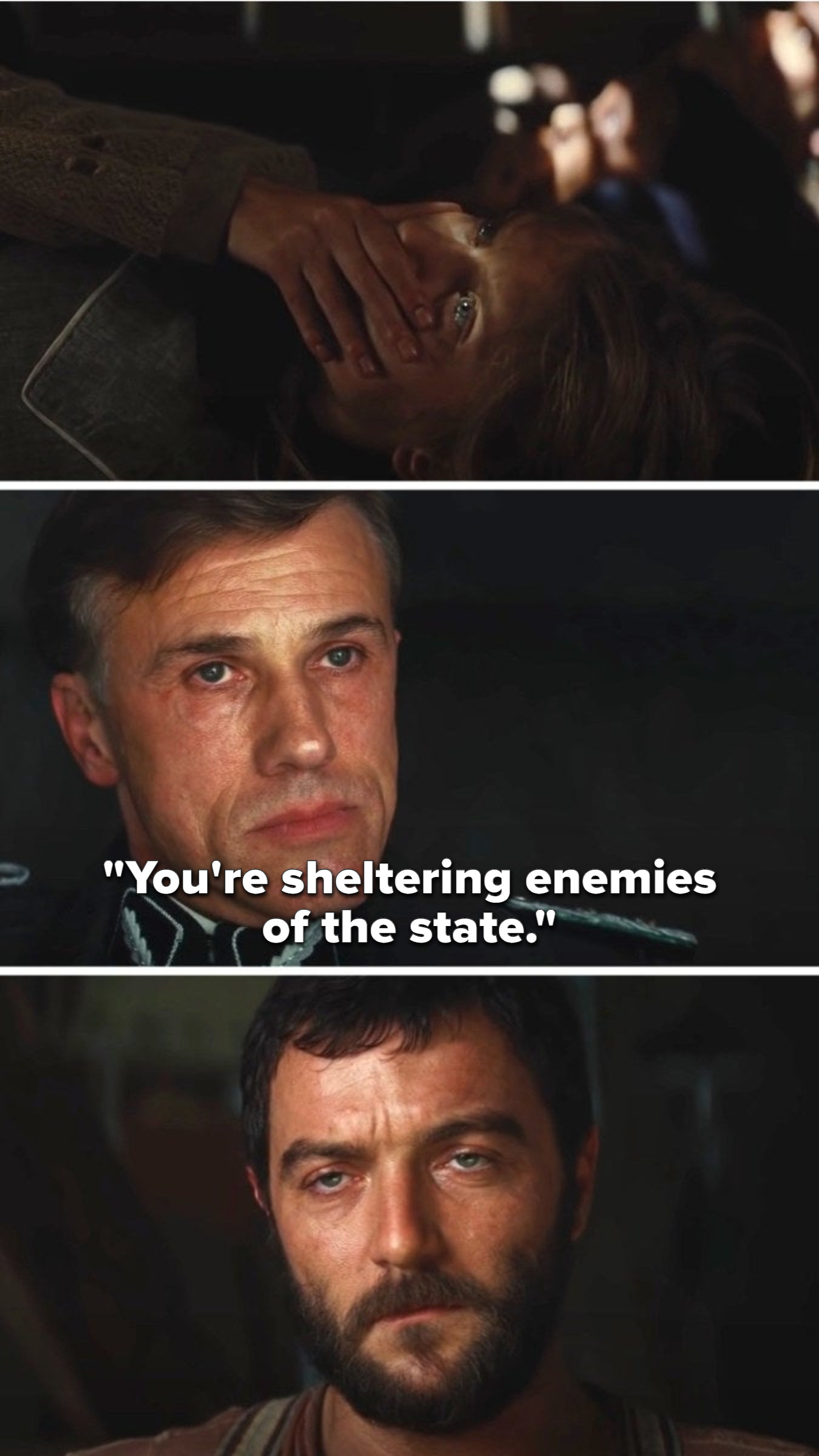 Hans Landa says &quot;You&#x27;re sheltering enemies of the state&quot; to the farmer as the Jewish family hides below the floorboards