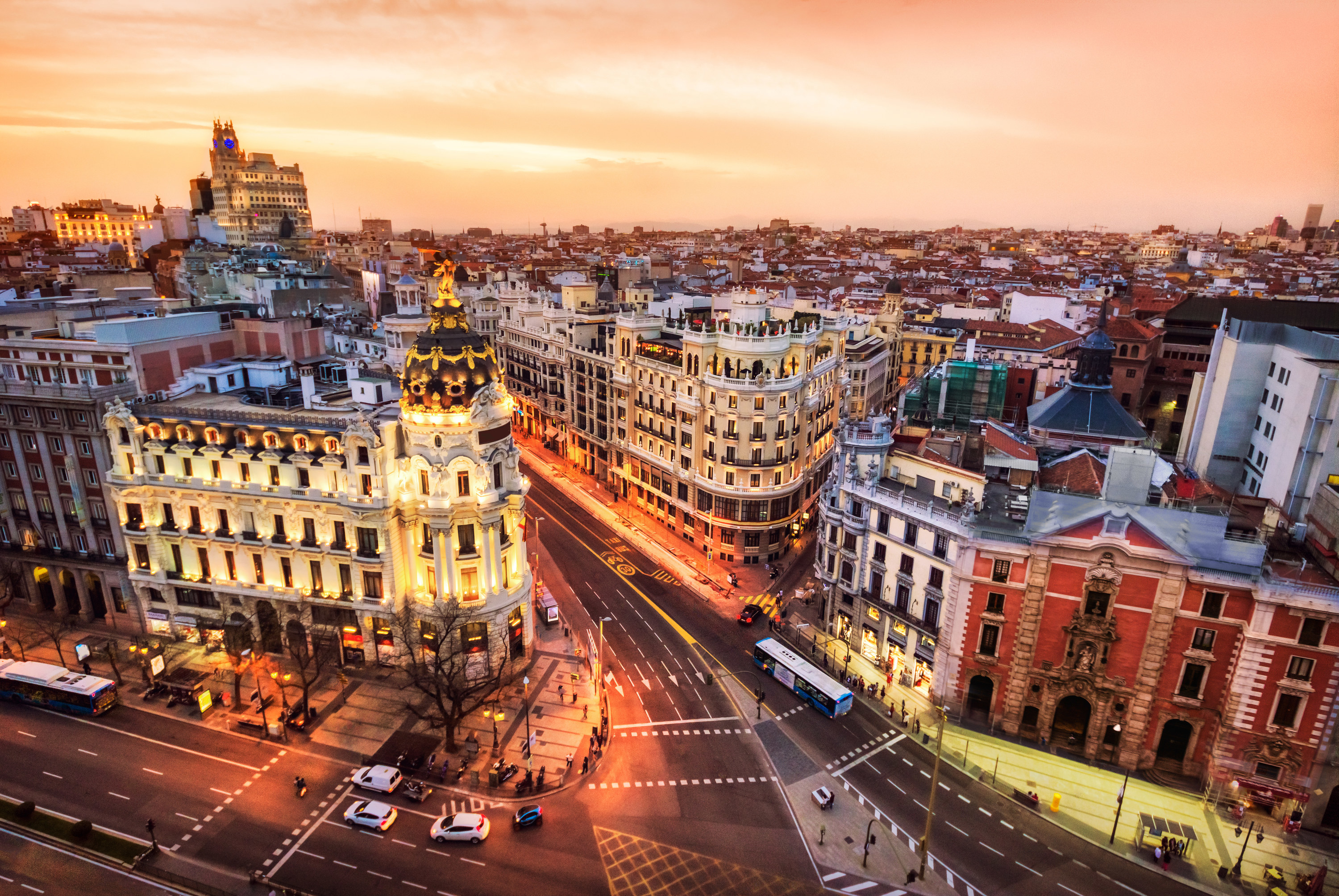 The Gran Via in Madrid, Spain, shot from above at dusk