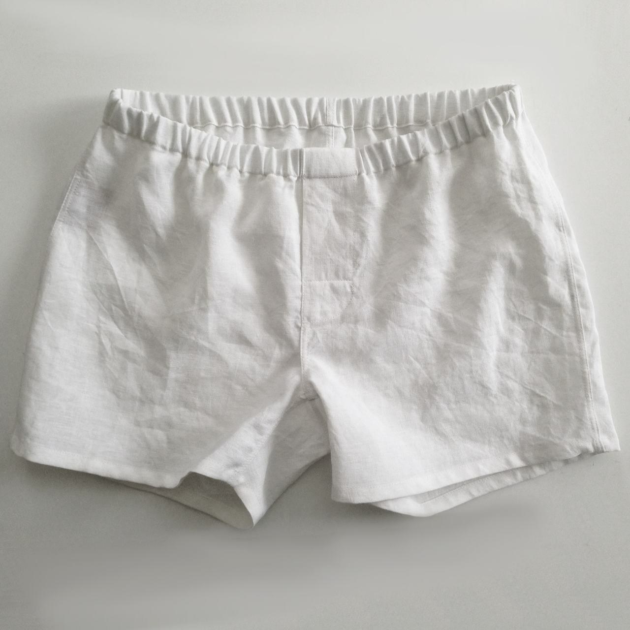 white boxer shorts with an elastic waist