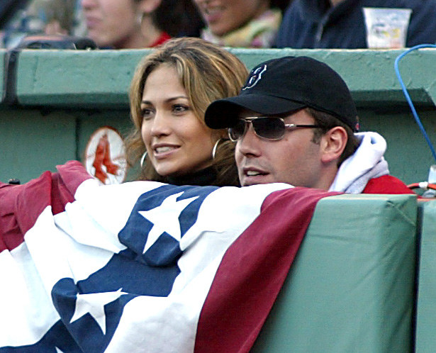 Jennifer Lopez and Ben Affleck attend a Red Sox game in 2003