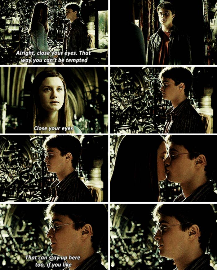 Ginny telling Harry to close his eyes in the room of requirement