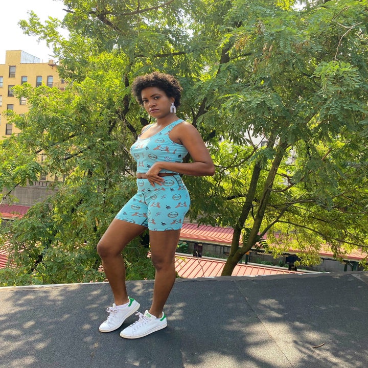 a model wearing the matching set outside