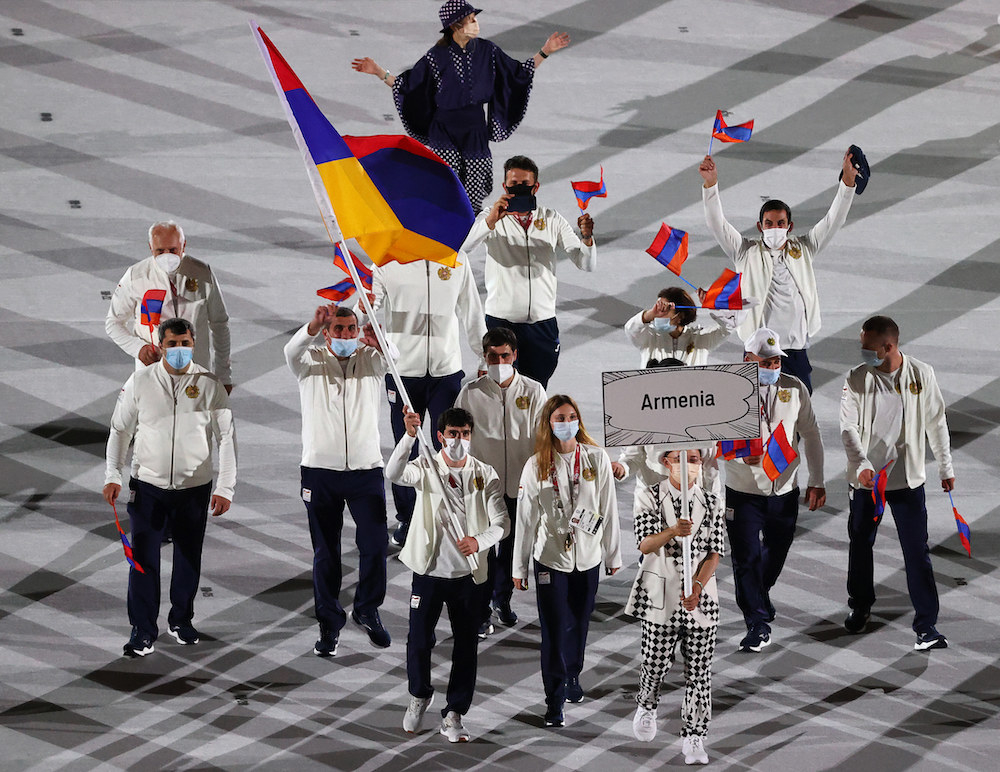 Armenia&#x27;s athletes wore track suits with light colored jackets and dark pants