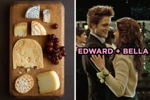 On the left, various cheeses on a board with some crackers and grapes, and on the right, Edward and Bella dancing at the prom in