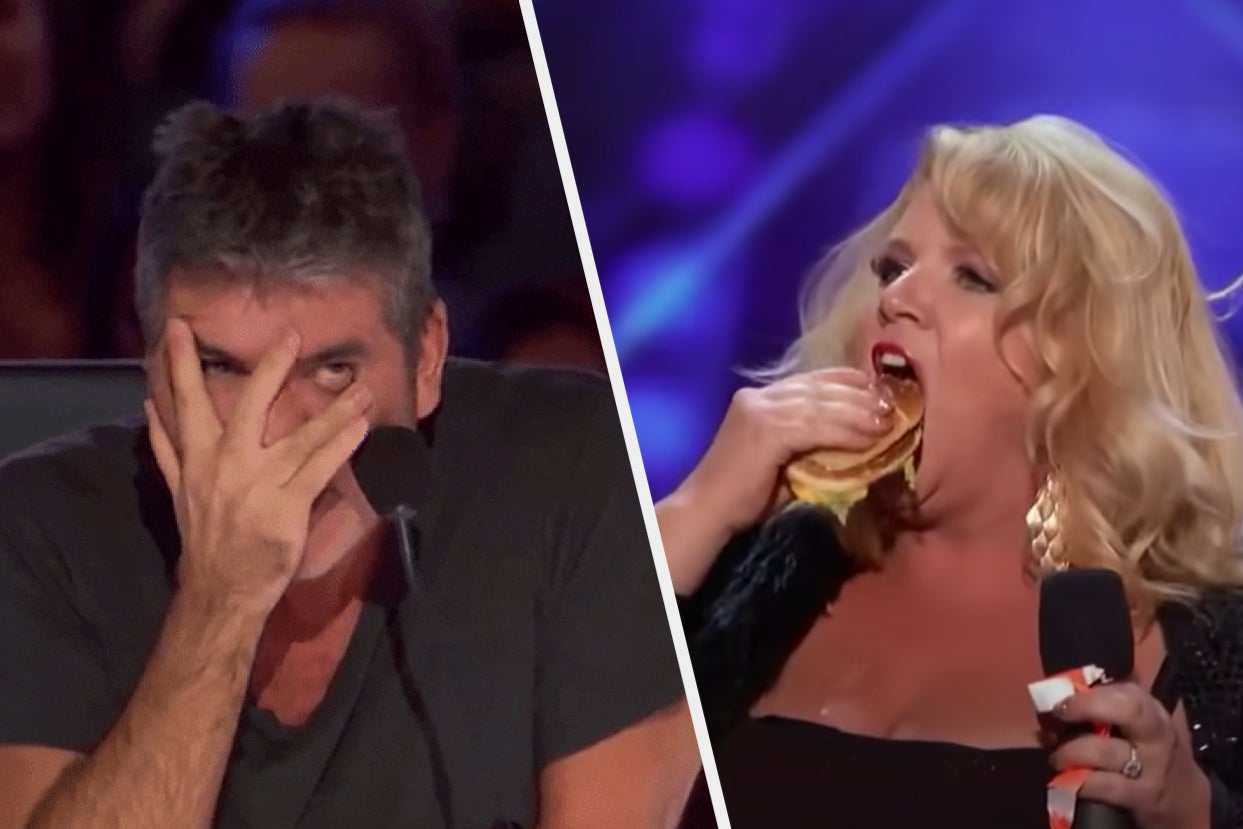 an america's got talent competitor eating a burger while singing and simon staring in confusion