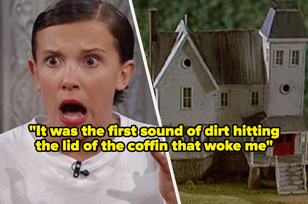 A close up of Millie Bobby Brown with her mouth open in shock and a model scale of the house from "Beetlejuice"