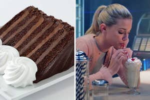 On the left, a chocolate layer cake from the Cheesecake Factory, and on the right, Lily Reinhart sipping on a vanilla milkshake as Betty in "Riverdale"