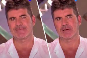 simon cowell smiling and then simon frowning in contempt 