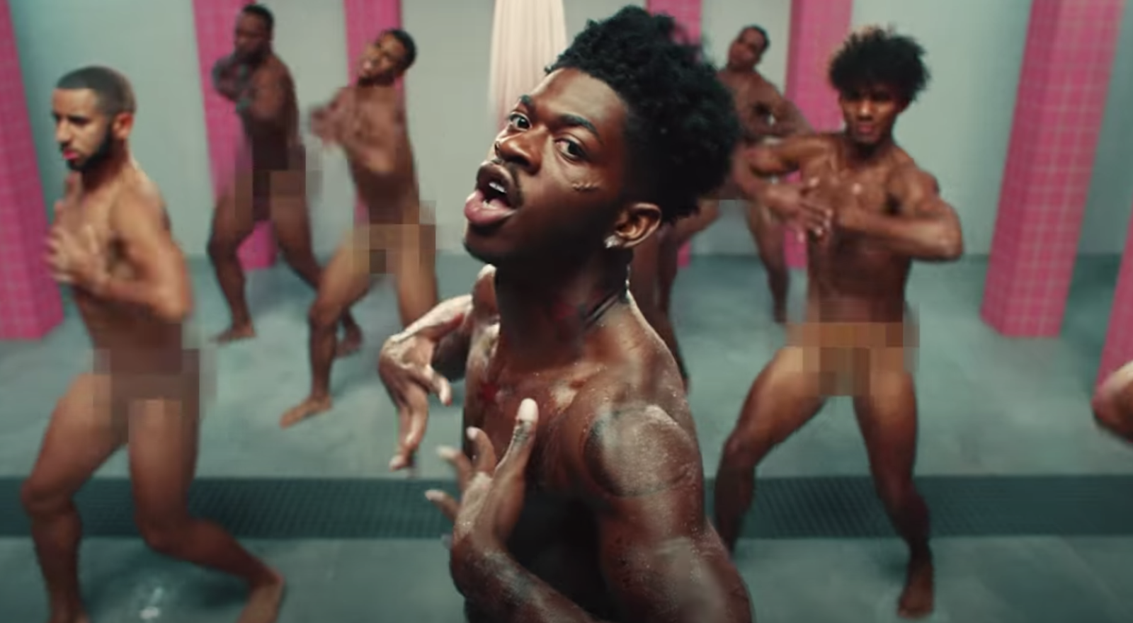 Lil Nas X and his background dancers dancing nude in a clip from his &#x27;Industry Baby&#x27; music video