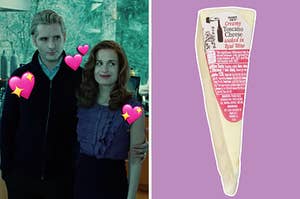 On the left, Carlisle and Esme from "Twilight" surrounded by various heart emojis, and on the right, some Toscano cheese from Trader Joe's
