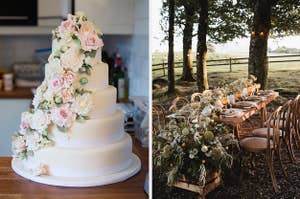 elegant wedding cake and backyard wedding table 