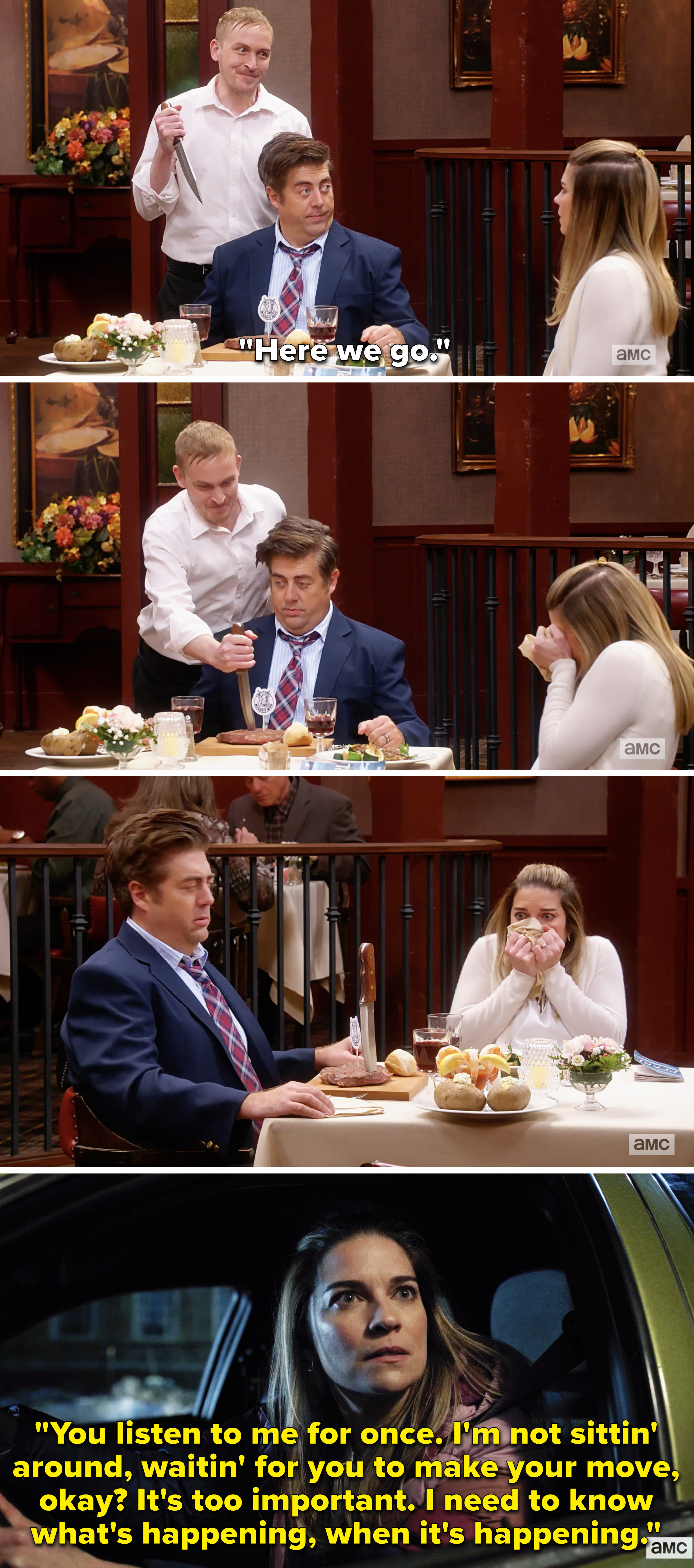 Nick sticking a knife if Kevin&#x27;s steak and Allison screaming