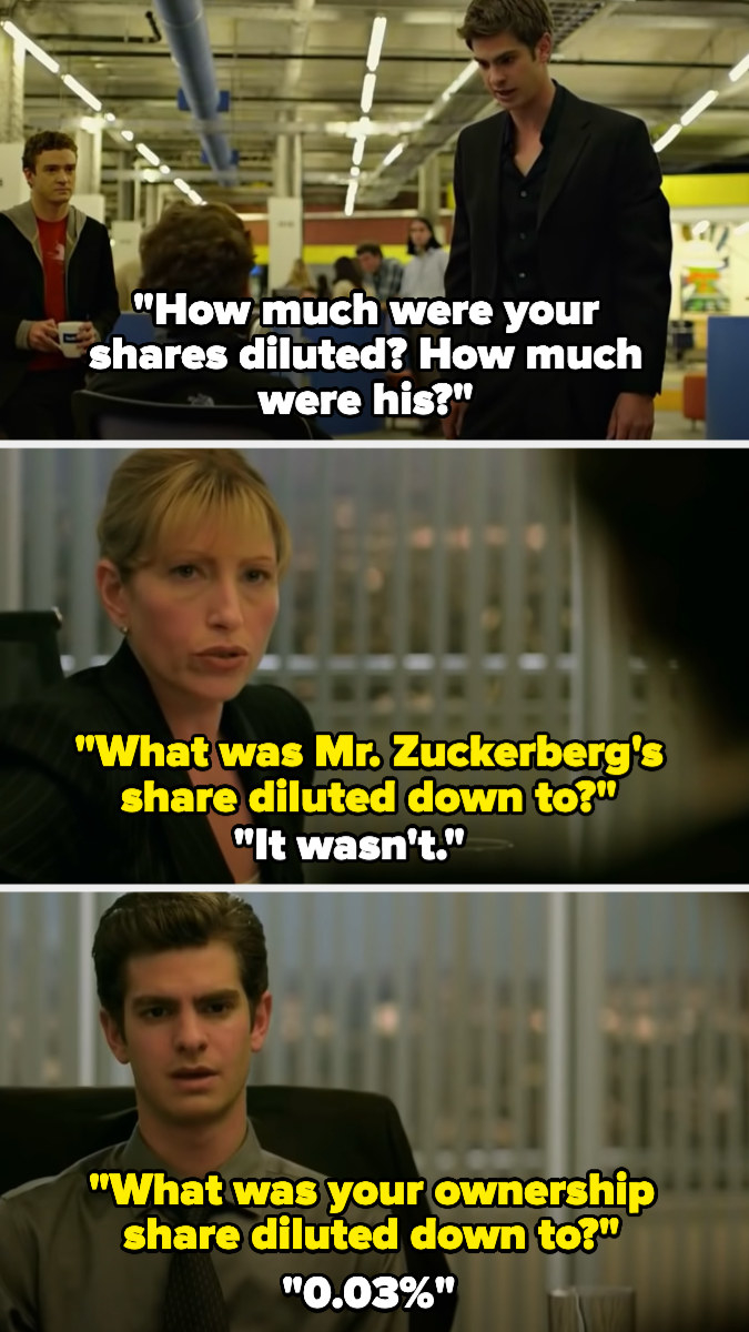 Eduardo asks Mark how much his shares were diluted down to, then his lawyer asks him, and Eduardo reveals no one&#x27;s shares were diluted but his — and his were diluted to 0.03%