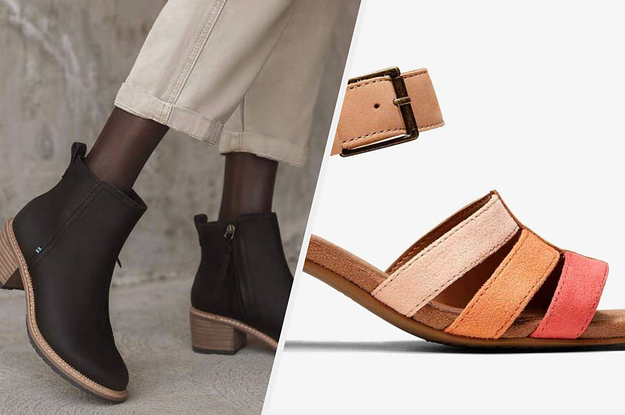 a pair of black block heel booties; a rainbow strap sandal