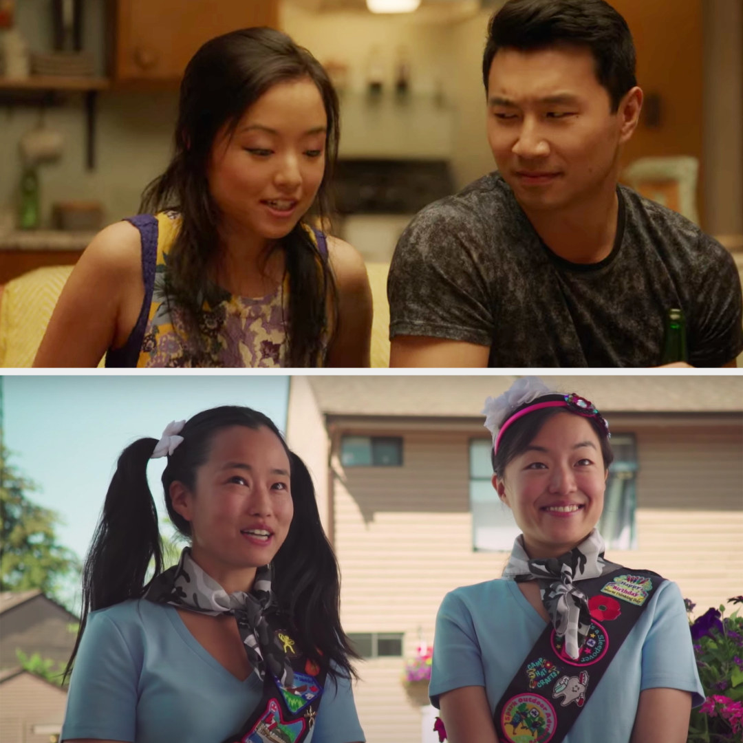 Above, Janet is playing a trivia game with Jung. Below, Andrea and Diana are acting as girl scouts in a YouTube sketch.