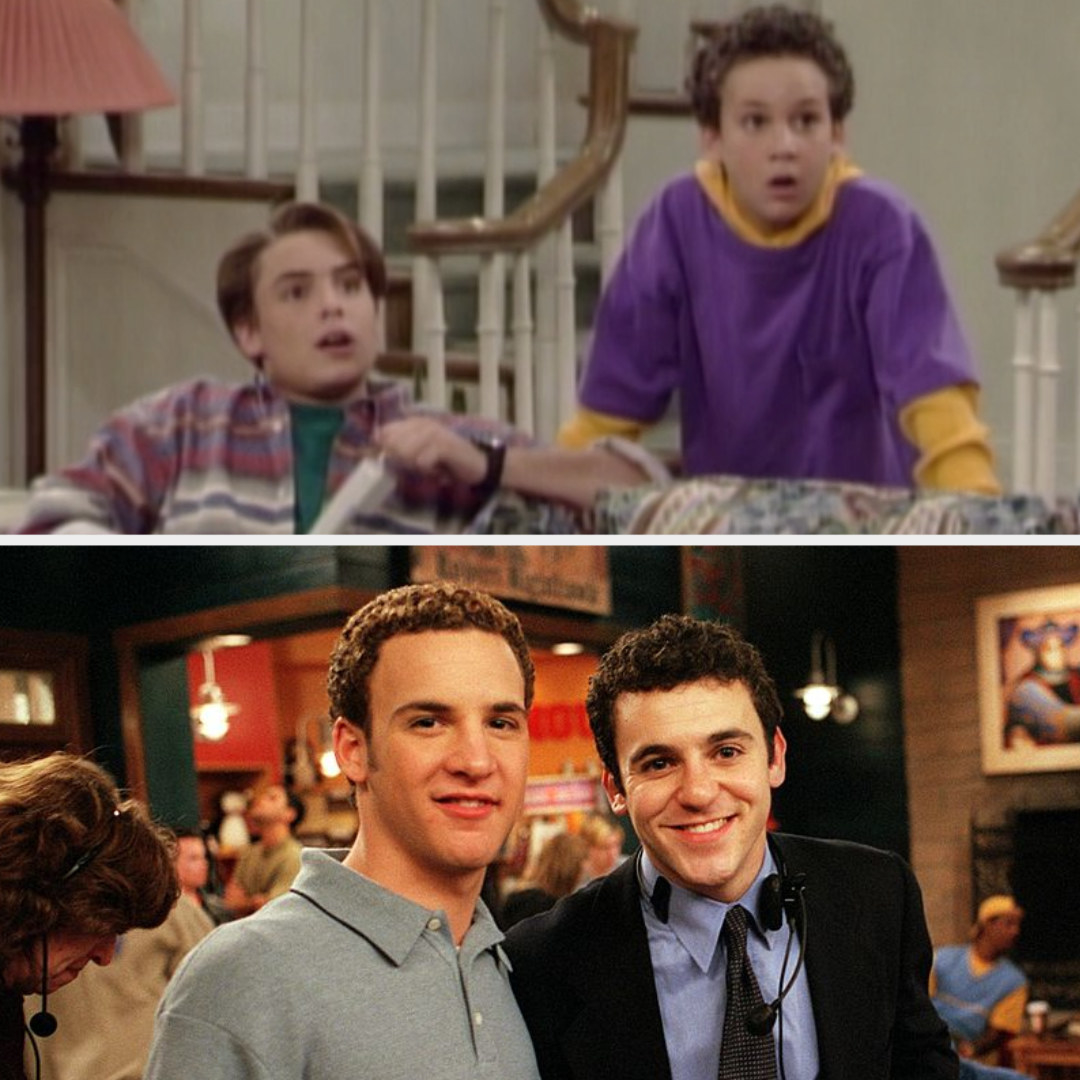 Above, Cory is standing near Eric who is on the couch. Below, Ben Savage is with his brother on set
