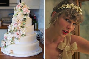 On the left, a 5-tiered wedding cake with flowers down one side, and on the right, Taylor Swift in the "Willow" music video