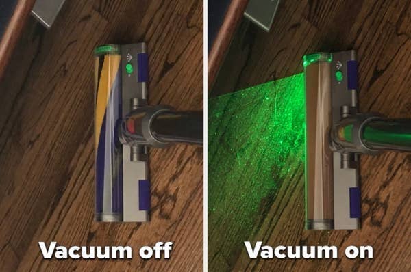 A before and after photo of a person turning on the vacuum, showing all the dirt on the floor with the laser