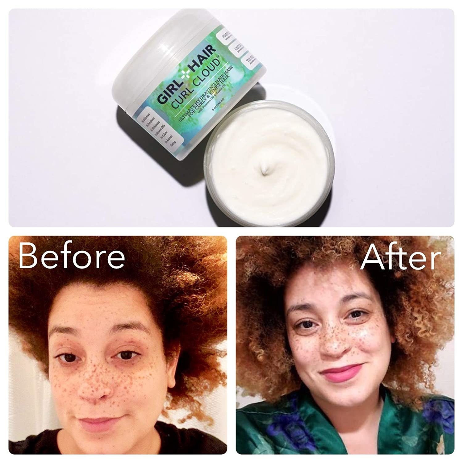 the cloud hair product sat about a before and after image of a user showing much more defined curls after use