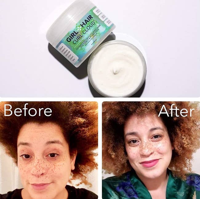 the cloud hair product sat about a before and after image of a user showing much more defined curls after use