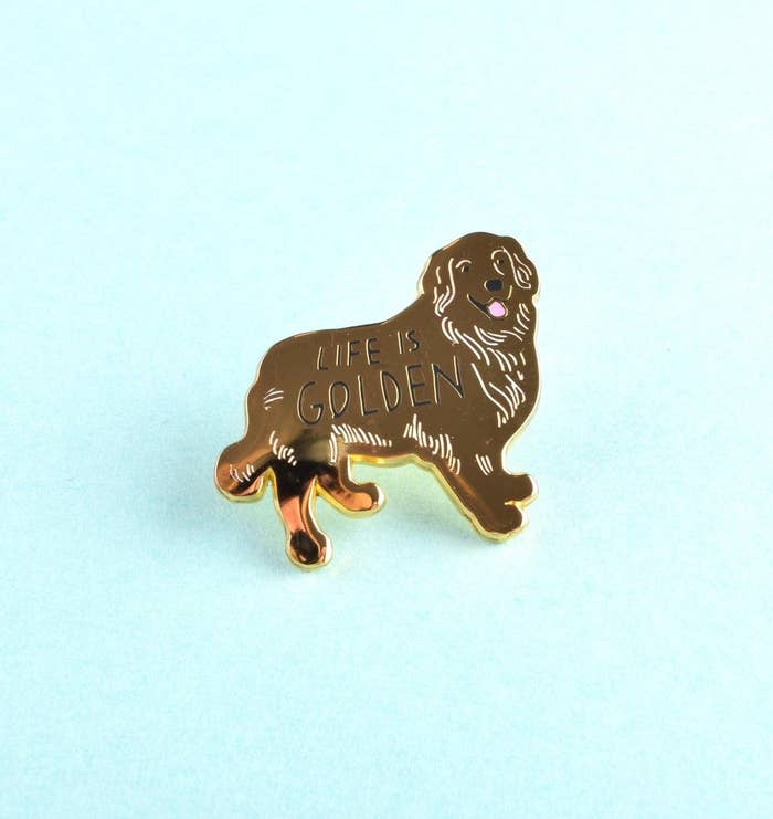 golden retriever pin that says life is golden