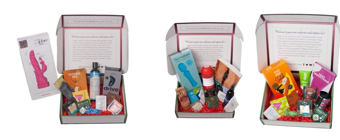 Three different boxes with an assortment of sexual wellness products