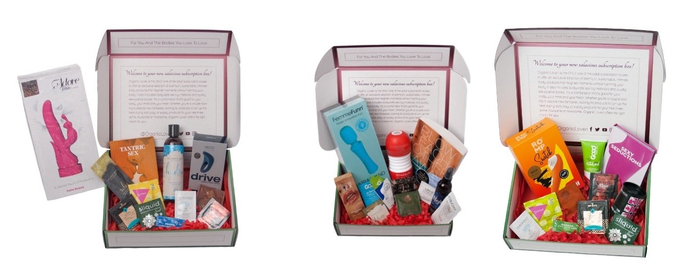 Three different boxes with an assortment of sexual wellness products