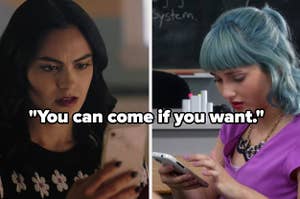 Veronica from Riverdale and Lola from Degrassi on their phones: