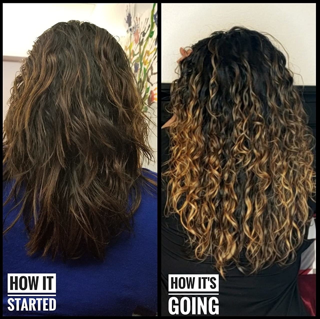 reviewer with images of &quot;how it started&quot; with fairly straight hair slightly wavy and &quot;how it&#x27;s going&quot; with much curlier hair