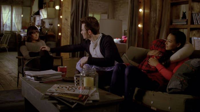 Rachel, Kurt, and Santana in their enormous apartment