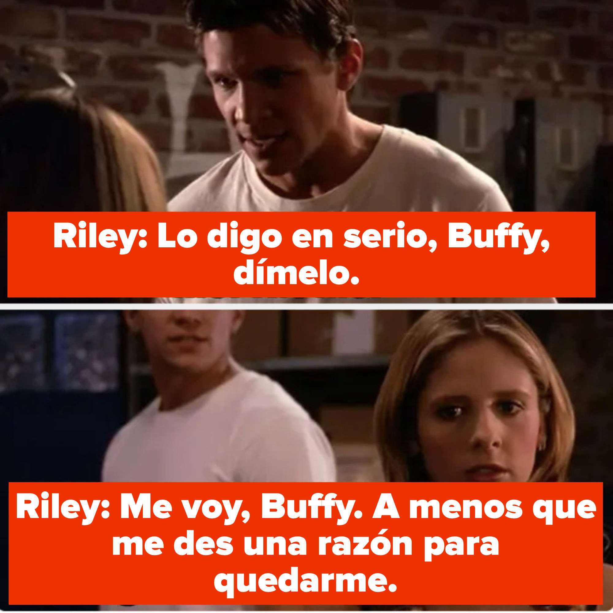Riley dares Buffy to hit him, says he&#x27;s leaving unless she gives him a reason to stay