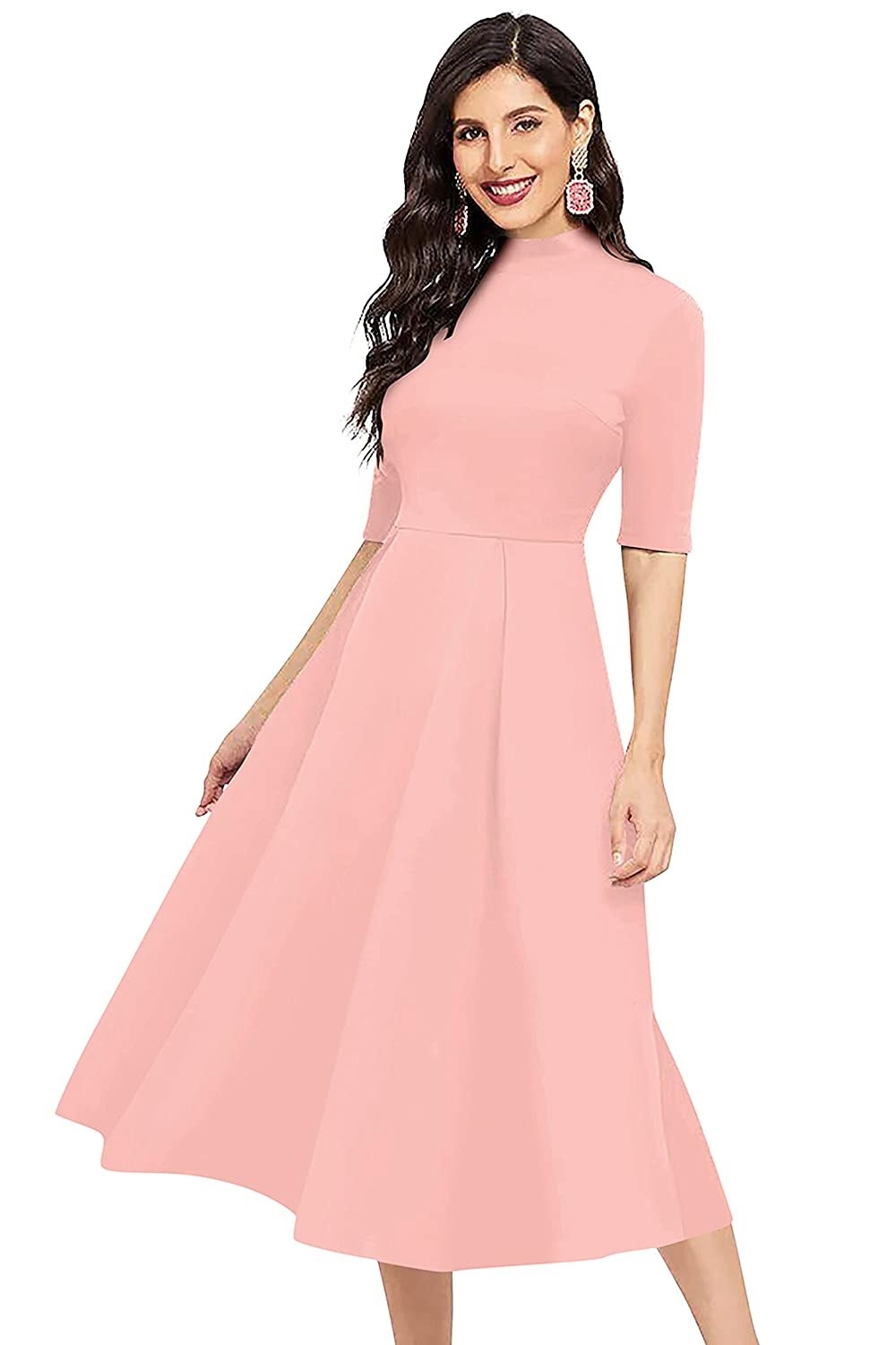 A woman wearing half sleeved high neck midi dress in pastel pink