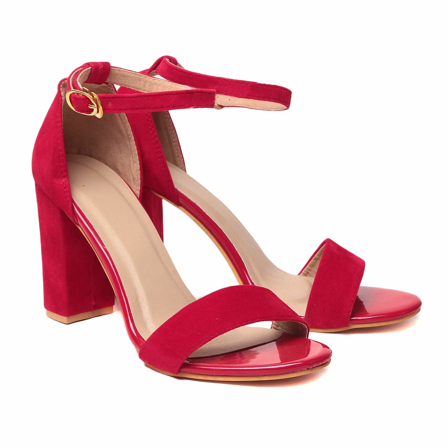 Red heels with a gold buckle on the ankle strap