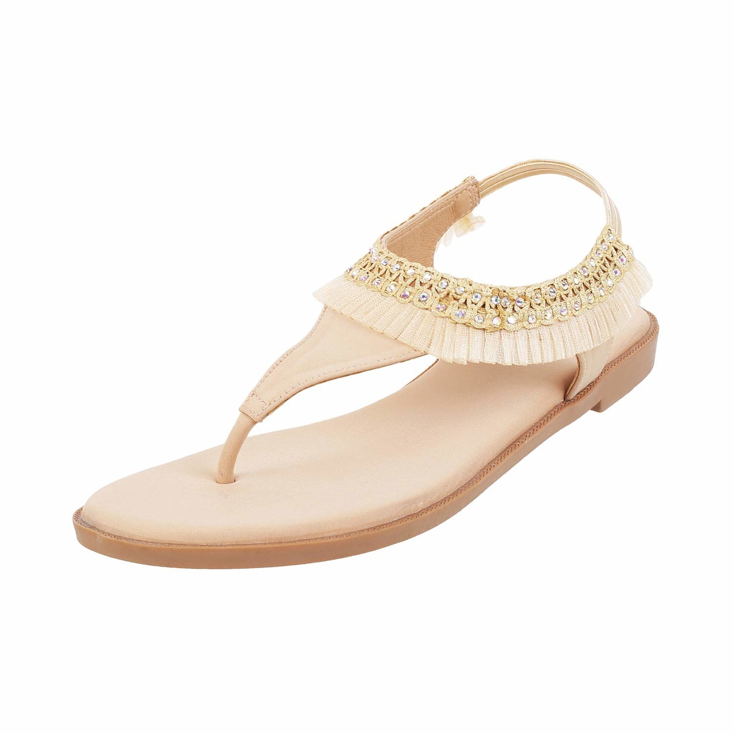 A gold and beige sandal with a gold and white frill design on the ankles strap