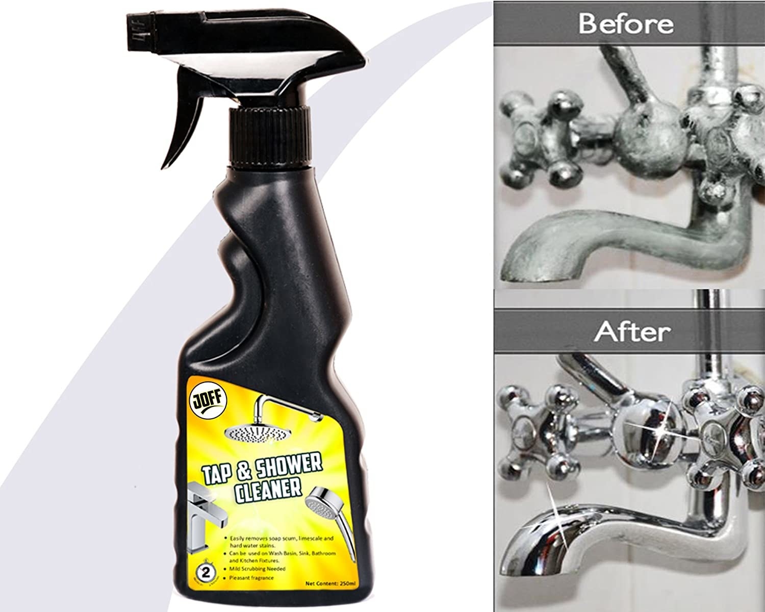 The bottle of the tap and shower cleaner next to a before an after image of a tap cleaned with it