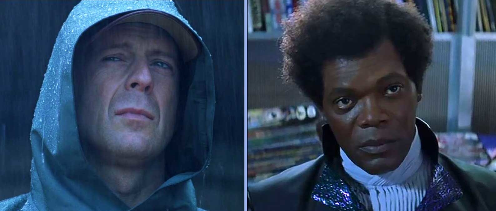 Bruce Willis in a hood and Samuel L. Jackson in a flared collar look stoic